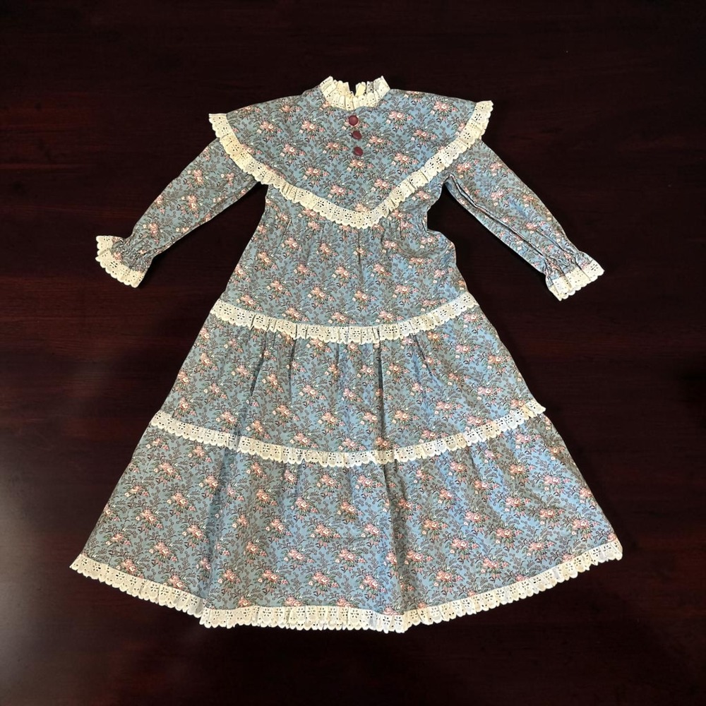 Vtg Little Star Girls Prairie Dress 5 Cottagecore Floral Lace Ruffle Gunne Style